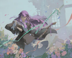 1girl absurdres animal animal_on_arm bird bird_on_arm black_coat building bush chinese_commentary closed_mouth coat collar commentary_request day dove dress falling_petals fern_(sousou_no_frieren) floating_clothes floating_hair flower frilled_collar frills full_body green_ribbon hand_up highres long_dress long_hair long_sleeves looking_at_animal mage_staff miren_de_du_nan outdoors pastel_colors petals pink_flower purple_eyes purple_flower purple_hair ribbon ruins smile sousou_no_frieren standing sunlight white_bird white_dress white_flower window