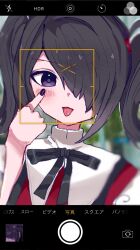 1girl ame-chan_(needy_girl_overdose) black_eyes black_hair black_nails diagonal_bangs fake_phone_screenshot fake_screenshot hair_ornament hair_over_one_eye hand_on_own_face highres index_finger_raised itomakirichan looking_at_viewer neck_ribbon needy_girl_overdose portrait ribbon selfie short_twintails sidelocks square tongue tongue_out twintails x_hair_ornament