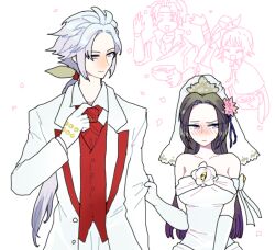 black_hair blush bridal_gauntlets bridal_veil clothes_pull dress formal_clothes gloves grey_eyes husband_and_wife inahime kunoichi_(sengoku_musou) long_hair looking_to_the_side necktie parted_bangs petals ponytail purple_eyes puteru red_necktie red_vest sanada_nobuyuki sanada_yukimura_(sengoku_musou) sengoku_musou smile suit tiara veil vest wedding_dress white_hair white_suit