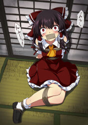 1girl absurdres ascot black_shoes blush bound bow brown_hair commentary_request constricted_pupils frilled_bow frilled_hair_tubes frills full_body gag hair_bow hair_tubes hakurei_reimu highres improvised_gag indoors loafers looking_at_viewer red_bow red_eyes red_shirt restrained shirt shoes sidelocks sitting sleeveless sleeveless_shirt socks solo speech_bubble tape tape_gag tatami tearing_up tears tied_up_(nonsexual) touhou translation_request tsuukinkaisoku_oomiya white_socks yellow_ascot