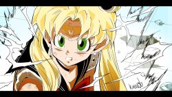 1girl alternate_eye_color bishoujo_senshi_sailor_moon black_sailor_collar blonde_hair commentary_request derivative_work double_bun dragon_ball dragonball_z earrings furrowed_brow green_eyes hair_bun highres jewelry meme parody portrait potara_earrings ruto830 sailor_collar sailor_moon sailor_moon_redraw_challenge_(meme) screenshot_redraw serious signature solo style_parody super_saiyan tsukino_usagi twintails