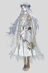 1girl barefoot blue_eyes braid branch concept_art cracked_skin doll_joints dress elden_ring elden_ring_nightreign flower_wreath gold_trim head_wreath highres holding holding_branch jewelry joints long_hair looking_at_viewer low_twin_braids official_art revenant_(elden_ring) solo third-party_source torn_clothes twin_braids veil white_background white_dress white_hair