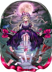 Rule 34 | 1girl, absurdres, bird, black bird, black feathers, blonde hair, blush, bow, choker, closed mouth, commentary request, disembodied hand, dress, elbow gloves, falling feathers, feathers, folded fan, folding fan, full body, full moon, gap (touhou), gloves, hair bow, hand fan, hat, hat ribbon, highres, holding, holding fan, long hair, looking at viewer, mob cap, moon, multiple hair bows, night, night sky, ofuda, purple dress, purple eyes, red bow, red ribbon, ribbon, ribbon choker, road sign, sasami (shiroi fuwafuwa), short sleeves, sign, signature, sitting, sky, smile, socks, solo, tabard, touhou, white gloves, white hat, white socks, yakumo yukari