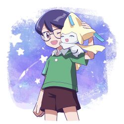 1boy arm_at_side black_hair brown_eyes brown_shorts collared_shirt fon-due_(fonfon) gen_3_pokemon glasses green_shirt hair_between_eyes jirachi legendary_pokemon male_focus max_(pokemon) mythical_pokemon nintendo on_shoulder one_eye_closed open_mouth pokemon pokemon:_jirachi:_wish_maker pokemon_(anime) pokemon_(creature) pokemon_on_shoulder pokemon_rse_(anime) shirt shooting_star shorts