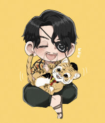 1boy black_hair black_pants chibi closed_eyes eyepatch facial_hair fang gloves goatee hawaiian_shirt highres laughing majima_goro male_focus pants petting ryuu_ga_gotoku_(series) sandals shirt sitting tiger wasadi wavy_hair yellow_background
