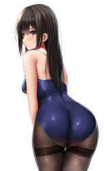 1girl ass black_hair black_pantyhose blue_one-piece_swimsuit blush breasts brown_eyes competition_school_swimsuit highres long_hair looking_at_viewer medium_breasts mole mole_on_ass mole_on_thigh one-piece_swimsuit original pantyhose pantyhose_under_swimsuit school_swimsuit simple_background solo swimsuit taut_clothes taut_swimsuit white_background yukemuriganmo