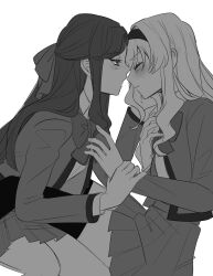 2girls between_legs bow bowtie closed_eyes closed_mouth commentary_request greyscale hair_ribbon hairband highres holding_another&#039;s_wrist imminent_kiss jacket long_hair long_sleeves looking_at_another monochrome multiple_girls pleated_skirt ribbon saijou_claudine seishou_music_academy_uniform shoujo_kageki_revue_starlight skirt tendou_maya thighhighs tokumei_grizzly yuri