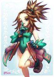 1girl absurdres boots brown_boots brown_hair candy_mintblue closed_mouth commentary_request ethanol80per finger_to_mouth foot_out_of_frame gloves green_eyes green_gloves green_leotard highres leotard looking_at_viewer magical_vacation one_eye_closed ponytail shushing solo standing standing_on_one_leg white_background