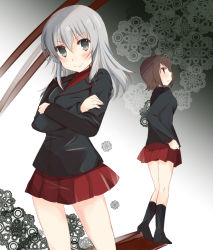 Rule 34 | 10s, 2girls, abenattou, bad id, bad pixiv id, black footwear, black jacket, blush, boots, brown eyes, brown hair, crossed arms, dress shirt, girls und panzer, green eyes, grey hair, hair between eyes, itsumi erika, jacket, kuromorimine military uniform, long hair, long sleeves, looking at viewer, looking back, military, military uniform, miniskirt, multiple girls, nishizumi maho, pleated skirt, red shirt, red skirt, shirt, short hair, skirt, smile, standing, tareme