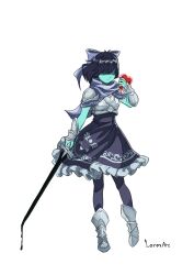 1other absurdres adapted_costume aqua_skin armor armored_boots black_hair black_pantyhose black_skirt boots breastplate colored_skin covered_eyes deltarune hair_over_eyes heart highres holding holding_sword holding_weapon kris_(deltarune) lefeyart pantyhose short_hair simple_background skirt sword vambraces weapon white_background