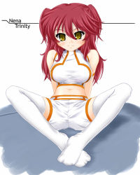 00s 1girl blush breasts feet female_focus full_body gundam gundam_00 katsuragi_niya midriff navel nena_trinity red_hair shorts sitting solo spread_legs thighhighs view_between_legs bad_tag yellow_eyes zettai_ryouiki