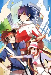Rule 34 | 10s, 1girl, 2boys, bad id, bad pixiv id, bag, black hair, blue eyes, bridge, brown hair, building, double bun, food, hair bun, hugh (pokemon), ice cream, jacket, leggings, long hair, multiple boys, nate (pokemon), nintendo, pantyhose, pointing, pokemon, pokemon bw2, raglan sleeves, red eyes, rosa (pokemon), short hair, shoulder bag, smile, star (symbol), sweatdrop, tree, twintails, visor cap, watch, wristwatch, xxxceller
