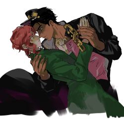 2boys beet_(vhvt5535) black_hair black_hat black_jacket chain cherry_earrings earrings eye_contact food-themed_earrings food_themed_earrings gakuran green_eyes green_jacket hand_grab hand_on_another&#039;s_back hat highres jacket jewelry jojo_no_kimyou_na_bouken kakyoin_noriaki kuujou_joutarou looking_at_another male_focus multiple_boys pink_shirt red_eyes red_hair school_uniform shirt simple_background stardust_crusaders white_background yaoi