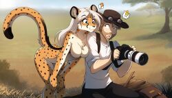 1boy 1girl animal_ears black_pants breasts brown_hair brown_hat camera cheetah_girl collarbone furry furry_female grass hat highres holding holding_camera large_breasts original pants shirt short_sleeves sideways_glance sitting tail tom_fischbach tree tree_stump triangle_mouth white_shirt