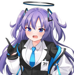 1girl annoyed black_gloves black_halo black_jacket blazer blue_archive blue_eyes blue_necktie collared_shirt commentary_request floating_hair gloves hair_between_eyes half_gloves halo hand_on_own_hip highres hoshino_reiji id_card index_finger_raised jacket light_blush long_hair necktie open_clothes open_jacket open_mouth purple_hair red_pupils shirt sidelocks solo sweatdrop two-sided_fabric two-sided_jacket two_side_up upper_body v-shaped_eyebrows very_long_hair white_background white_jacket white_shirt yuuka_(blue_archive)