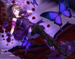 1girl 2022 absurdres animal_print bare_shoulders black_hairband black_pantyhose blanket blurry bow breasts brown_hair bug butterfly butterfly_hair_ornament butterfly_print commentary_request dated depth_of_field detached_sleeves dragon_quest dragon_quest_x dress dress_bow earrings flower footwear_bow frilled_gloves frilled_hairband frills gloves gradient_sleeves hair_ornament hairband heroine_(dq10) high_heels highres holding holding_flower insect jewelry knee_up long_hair looking_at_viewer lying medium_breasts momo_nei on_back open_mouth pantyhose petals pink_sleeves puffy_detached_sleeves puffy_sleeves purple_background purple_bow purple_butterfly purple_dress purple_eyes purple_shoes purple_sleeves red_bow red_flower red_rose rose rose_petals see-through_clothes see-through_sleeves shoes single_ankle_cuff single_shoe sleeve_bow solo spotted_bow twitter_username unworn_shoe white_bow