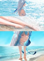 1girl absurdres armlet beach blue_butterfly blue_hair blue_veil breasts bug butterfly closed_eyes colored_eyelashes commentary compilation dress feet foot_focus hair_between_eyes highres insect jewelry legs long_hair looking_at_viewer lufi_ays ocean purple_eyes purple_pupils silver_armlet sleeveless sleeveless_dress solo shorekeeper_(wuthering_waves) two-tone_veil veil waves white_dress white_veil wuthering_waves