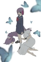 aged_down black_sailor_collar black_serafuku black_shirt black_skirt blue_butterfly brown_shoes bug butterfly collared_dress covered_face dress empty_eyes fate/stay_night fate_(series) film_grain hair_ribbon heaven&#039;s_feel highres insect long_hair looking_at_viewer matou_sakura matou_sakura_(fate/zero) pleated_skirt puffy_short_sleeves puffy_sleeves purple_eyes purple_hair red_ribbon ribbon roku_(ntbr_fate) sailor_collar school_uniform serafuku shirt shoes short_hair short_sleeves skirt socks white_dress white_socks
