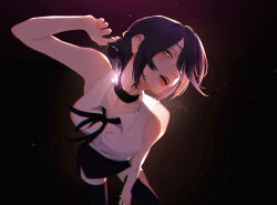 1784632701 1girl absurdres arm_up armpits bare_shoulders black_choker black_ribbon black_skirt black_thighhighs breasts chainsaw_man choker chromatic_aberration collarbone collared_shirt folded_hair folded_ponytail grenade_pin hair_between_eyes highres looking_at_viewer medium_breasts miniskirt neck_ribbon parted_lips purple_hair reze_(chainsaw_man) ribbon shirt short_hair skirt sleeveless sleeveless_shirt solo thighhighs white_shirt yellow_eyes