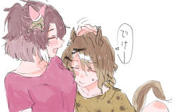 2girls :d :t animal_ears breast_press brown_hair brown_tail closed_eyes closed_mouth dantsu_flame_(umamusume) ear_covers hair_ornament hand_on_another&#039;s_head head_on_chest headpat horse_ears horse_girl horse_tail jungle_pocket_(umamusume) multiple_girls notched_ear open_mouth paw_print pink_shirt shirt short_hair short_sleeves simple_background small_sweatdrop smile speech_bubble t-shirt tail thought_bubble umamusume wanuuma white_background