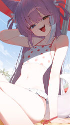 1girl bare_shoulders blue_sky breasts cloud cone_hair_bun fang fox_girl fox_tail hair_bun heterochromia highres huhi_(huhi_1211) long_hair multicolored_hair navel open_mouth outdoors polka_dot purple_hair simple_bird sky small_breasts smile stellive stomach streaked_hair tail teeth tenko_shibuki upper_teeth_only virtual_youtuber white_hair