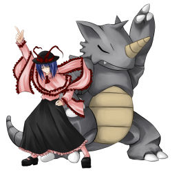 1girl bad_id bad_pixiv_id blue_hair creatures_(company) crossover frills game_freak gen_1_pokemon hand_on_own_hip hat nagae_iku nintendo pokemon pokemon_(creature) rhydon saturday_night_fever scarf shawl shiren shiren_(monochrome_structure) touhou