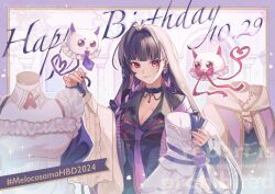 Rule 34 | 1girl, ahoge, artist name, barbell piercing, birthday, black hair, black shirt, blunt bangs, border, braid, breasts, center frills, chest tattoo, cleavage, closed mouth, clothes hanger, collar, collared shirt, commentary request, corset, cross-laced clothes, cross-laced corset, ear piercing, earrings, eyelashes, fingernails, frills, hair behind ear, hair intakes, hand up, happy birthday, hashtag, highres, holding, holding clothes hanger, industrial piercing, jacket, jewelry, kaburagi (pnoir087), large breasts, long fingernails, long hair, long sleeves, looking at viewer, mannequin, meloco kyoran, meloco kyoran (1st costume), melove (meloco kyoran), multicolored hair, multicolored nails, nail polish, necktie, nijisanji, nijisanji en, open clothes, open jacket, outside border, piercing, pink nails, purple border, purple collar, purple corset, purple eyes, purple hair, purple jacket, purple nails, purple necktie, shirt, side braids, sleeves past wrists, smile, solo, sparkle, streaked hair, tattoo, twin braids, twitter username, unworn shirt, very long hair, virtual youtuber, watermark, white shirt
