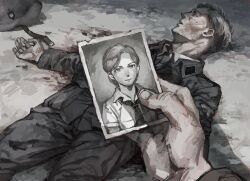 1boy 1girl blonde_hair blood corpse death erika_(sebastian_z) helmet highres holding holding_photo military_uniform necktie original photo_(object) pov pov_hands sebastian_z soldier waffen-ss war world_war_ii