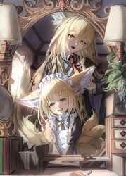 Rule 34 | 2girls, alternate costume, animal ears, arknights, blonde hair, brushing another&#039;s hair, brushing hair, commentary request, enmaided, fox ears, fox girl, fox tail, green eyes, highres, kitsune, kurosabi neko, kyuubi, long hair, maid, mother and daughter, multiple girls, multiple tails, open mouth, orange eyes, suzuran (arknights), tail, teeth, upper teeth only, vulpisfoglia (arknights)
