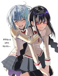 2girls absurdres akemi_homura black_hair black_skirt blue_eyes bow braid bub_bub20 closed_eyes glasses hair_ornament highres hug juliet_sleeves long_hair long_sleeves mahou_shoujo_madoka_magica miki_sayaka miniskirt mitakihara_school_uniform multiple_girls nervous puffy_sleeves school_uniform short_hair skirt smile