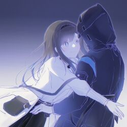 Rule 34 | 1girl, 1other, arknights, backlighting, black coat, black hairband, black skirt, blouse, brown hair, capelet, coat, commentary, diamond-shaped pupils, diamond (shape), doctor (arknights), english commentary, gradient background, grey eyes, hairband, highres, hood, hooded coat, hug, leaning on person, long hair, long sidelocks, long sleeves, looking at another, parted lips, pouch, priestess (arknights), rinko 5191, shirt, sidelocks, skirt, smile, symbol-shaped pupils, white capelet, white shirt