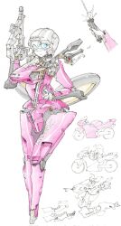 1girl arcee arrow_(symbol) autobot blue_eyes blush corrupted_twitter_file ducati energy_sword gun hand_on_own_hip highres holding holding_gun holding_sword holding_weapon looking_at_viewer mecha mecha_focus motor_vehicle motorcycle multiple_views redesign robot smile sword tenkiame_(qwm04lnaymk2a7e) transformers transformers:_rise_of_the_beasts transformers_(live_action) weapon white_background