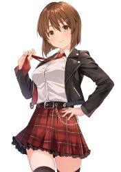 1girl absurdres b1ack_illust belt black_jacket black_thighhighs blunt_ends blush breasts brown_hair commentary_request earrings hagiwara_yukiho hand_on_own_hip highres holding_necktie idolmaster idolmaster_(classic) jacket jewelry leather leather_jacket looking_at_viewer medium_breasts necktie plaid_clothes plaid_skirt pleated_skirt red_necktie red_skirt shirt shirt_tucked_in short_hair simple_background skirt smile solo thighhighs white_background white_shirt zettai_ryouiki