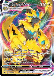 :3 artist_name blue_eyes card_(medium) character_name claws closed_mouth company_name copyright_name copyright_notice dynamax english_text fangs gen_7_pokemon legendary_pokemon mythical_pokemon nintendo nisotaniso official_art pokemon pokemon_(creature) pokemon_card pokemon_focus pokemon_tcg red_clouds smile solo standing third-party_source trading_card v-shaped_eyes zeraora