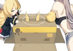 2girls animal_ears ass azur_lane baby_animal bare_shoulders bikini bird black_bikini black_dress black_jacket blonde_hair blue_shorts box breasts brown_hair cardboard_box chibi chick closed_eyes cutoffs denim denim_shorts dress hatski.sin highleg highleg_bikini highres jacket jean_bart_(azur_lane) long_hair long_sleeves lying manjuu_(azur_lane) meowfficer_(azur_lane) micro_shorts multiple_girls official_alternate_costume on_stomach open_mouth oscar_(azur_lane) short_shorts shorts simple_background standing swimsuit very_long_hair white_background