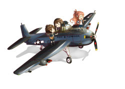 3girls absurdres aircraft airplane akagi_(kancolle) brown_hair fairy_(kancolle) farmuhan highres kaga_(kancolle) kantai_collection long_hair multiple_girls open_mouth pointing ponytail propeller red_hair rocket roundel saratoga_(kancolle) school_uniform serafuku shadow side_ponytail simple_background straight_hair tbf_avenger united_states_navy vehicle_focus wheel white_background