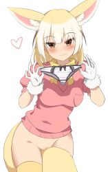 Rule 34 | 1girl, absurdres, animal ears, blonde hair, bottomless, breasts, brown eyes, buwad, fennec (kemono friends), fox ears, fox tail, gloves, heart, highres, holding, holding panties, holding underwear, holding unworn clothes, kemono friends, large breasts, looking at viewer, panties, pink sweater, short-sleeved sweater, short hair, short sleeves, smile, solo, sweater, tail, thighhighs, underwear, unworn panties, white background, white gloves, yellow thighhighs