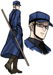 Rule 34 | 1boy, absurdres, axis powers hetalia, belt, black-framed eyewear, black belt, black gloves, black necktie, black shirt, blonde hair, blue coat, blue eyes, blue hat, boots, brown boots, closed mouth, coat, collared shirt, donki (dnkfuaka1), from side, full body, glasses, gloves, hat, highres, holding, holding stick, long sleeves, looking at viewer, male focus, military hat, military uniform, multiple views, necktie, pocket, semi-rimless eyewear, shirt, short hair, simple background, standing, stick, sweden (hetalia), upper body, v-shaped eyebrows, white background