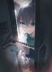 1girl absurdres animal_ears bag black_skirt blood blood_on_hands blue_archive blue_bag blue_eyes blue_jacket blue_scarf chain closed_mouth commentary door_handle doorway gloves grey_hair halak0000 highres holding holding_bag jacket looking_at_viewer open_door pov_doorway rope scarf shiroko_(blue_archive) skirt smile symbol-only_commentary textless_version white_gloves wolf wolf_ears yandere