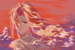 Rule 34 | 1boy, 49neb, chinese commentary, closed mouth, commentary request, curtained hair, dawn, floating hair, hair over one eye, hatsutori hajime, highres, jacket, long hair, male focus, orange hair, orange sky, parted bangs, portrait, red eyes, saibou shinkyoku, sky, smile, solo, variant set, white jacket