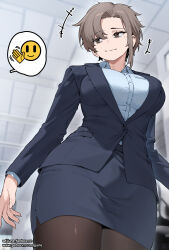 1girl blazer blue_shirt blurry blurry_background breasts brown_eyes brown_hair fanbox_username highres indoors jacket jjune large_breasts looking_to_the_side mole mole_under_eye office_lady original patreon_username shirt smile solo speech_bubble