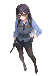 1girl absurdres alina_svard_kovalenko_(laotianaviator) black_gloves black_necktie black_pantyhose blue_eyes blue_shirt breasts commentary commission english_commentary facial_scar from_above gloves grey_vest hand_on_own_hip heterochromia high_heels highres holding holding_knife knife large_breasts looking_at_viewer multicolored_hair necktie office_lady orange_eyes original pankodoggy pantyhose pencil_skirt pinstripe_pattern pinstripe_vest purple_eyes scar scar_on_cheek scar_on_face shiny_clothes shiny_legwear shirt signature skirt smile streaked_hair sunglasses thighband_pantyhose vest white_background
