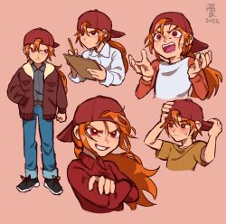 1boy aged_up angry backwards_hat baseball_cap black_shoes blush bomber_jacket brick_(ppg) brown_shirt commentary cosmosully crossed_arms denim dress_shirt english_commentary frown furrowed_brow grin hands_up hat highres jacket jeans long_hair orange_hair pants ponytail powerpuff_girls red_eyes red_shirt rowdyruff_boys shirt shoes simple_background smile t-shirt teeth