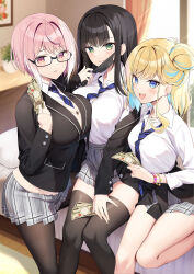 3girls :d absurdres banknote bed bedroom black_hair black_jacket black_mask black_pantyhose black_thighhighs blonde_hair blue_eyes blue_hair blue_necktie blush bracelet breast_press breasts cardigan character_request closed_mouth colored_inner_hair commentary_request copyright_request cross cross_earrings earrings eyes_visible_through_hair green_eyes hair_bun hand_up highres holding holding_money indoors jacket jewelry knees_together_feet_apart large_breasts long_hair looking_at_viewer loose_necktie mask microskirt money mouth_mask multicolored_hair multiple_girls necklace necktie off_shoulder official_art on_bed open_clothes open_jacket open_mouth oryo_(oryo04) pantyhose parted_lips pink_eyes pink_hair pleated_skirt school_uniform second-party_source semi-rimless_eyewear shiny_skin shirt short_hair side-by-side single_side_bun sitting skirt smile streaked_hair symmetrical_docking thighhighs thighs white_shirt