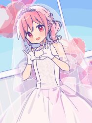 Rule 34 | 1girl, absurdres, alternate hairstyle, dress, four-finger heart hands, gloves, heart, heart hands, highres, kaname madoka, mahou shoujo madoka magica, medium hair, pink eyes, pink hair, ruru (rurumagi), short twintails, solo, twintails, veil, white dress, white gloves, white veil