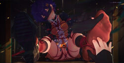 Rule 34 | 1girl, bdsm, belle (delicate sunlight) (zenless zone zero), belle (zenless zone zero), black hairband, black shoes, blue hair, bondage, bound, chinese clothes, commentary request, hair ornament, hairband, highres, icecake, indoors, letter hair ornament, looking at viewer, official alternate costume, orange socks, out of frame, pov, restrained, shibari, shibari over clothes, shoes, short hair, single shoe, sitting, socks, solo focus, tickling, tickling feet, trembling, variant set, zenless zone zero