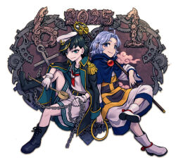 2025 2girls anchor anchor_symbol belt black_belt black_coat black_shoes blue_eyes blue_hair cloud coat coat_on_shoulders collared_shirt dated dress gloves green_eyes greyscale hat heart holding holding_ladle hood hood_down jewelry kesa kumoi_ichirin ladle long_sleeves looking_at_viewer meimaru_inuchiyo monochrome multiple_girls murasa_minamitsu neckerchief pendant red_neckerchief ring sailor_hat shirt shoes short_hair short_sleeves shorts smile staff touhou white_background white_dress white_gloves white_shirt white_shoes white_shorts wide_sleeves yuri