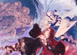 black_dress blue_hair braid closed_eyes crown detached_sleeves dress fate/grand_order fate_(series) flower flower_over_eye fujimaru_ritsuka_(female) fujimaru_ritsuka_(female)_(decisive_battle_chaldea_uniform) gloves gray_(fate) hair_over_one_eye hands_in_pockets hat hephaestion_(fate) highres hood irisviel_von_einzbern irisviel_von_einzbern_(caster) long_hair neko_mori odysseus_(fate) red_hair reines_el-melloi_archisorte ryougi_shiki smile typhon_ephemeros_(fate) typhon_ephemeros_(second_ascension)_(fate) typhon_epsilon_(fate) very_long_hair
