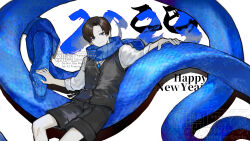 Rule 34 | 1boy, animal, blue eyes, blue gemstone, blue scarf, blue snake, brown hair, chinese zodiac, collared shirt, demian (project moon), gem, grey shorts, grey sweater vest, hands on animal, highres, jewelry, limbus company, long sleeves, looking at viewer, male focus, nishikujic, oversized animal, parted bangs, project moon, scarf, shirt, short hair, shorts, sitting on animal, smile, solo, sweater vest, white background, white shirt, year of the snake