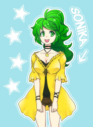 1girl arrow_(symbol) black_shirt blue_background breasts brown_shorts character_name cleavage collarbone dress frilled_dress frills green_eyes green_hair jewelry large_breasts long_hair looking_to_the_side necklace open_clothes open_dress open_mouth ponytail rao_ruki shirt shorts smile sonika star_(symbol) star_necklace vocaloid